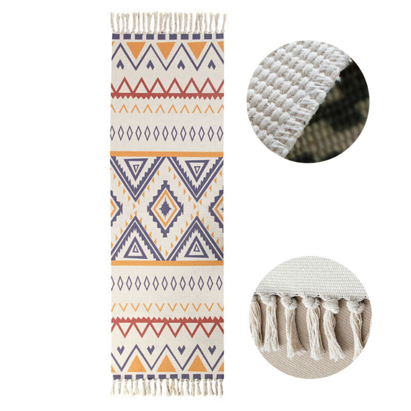 130cm Cotton Area Rug w/ Tassel Hand Woven Kitchen Mat Runner Boho Style Carpet