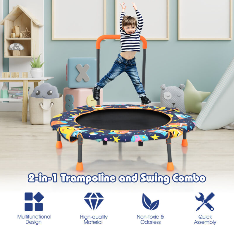 2-in-1 Foldable Kids Fitness Trampoline Height Adjustable Children Tree Swing