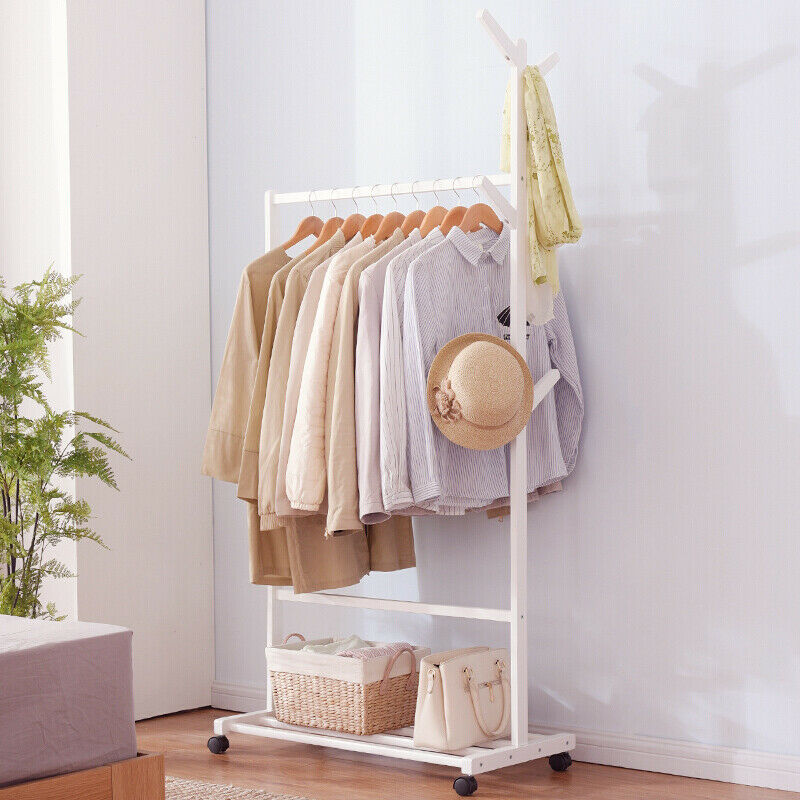 Clothes Rail Rack Wooden Garment Coat Stand Hanging Storage Organizer On Wheels