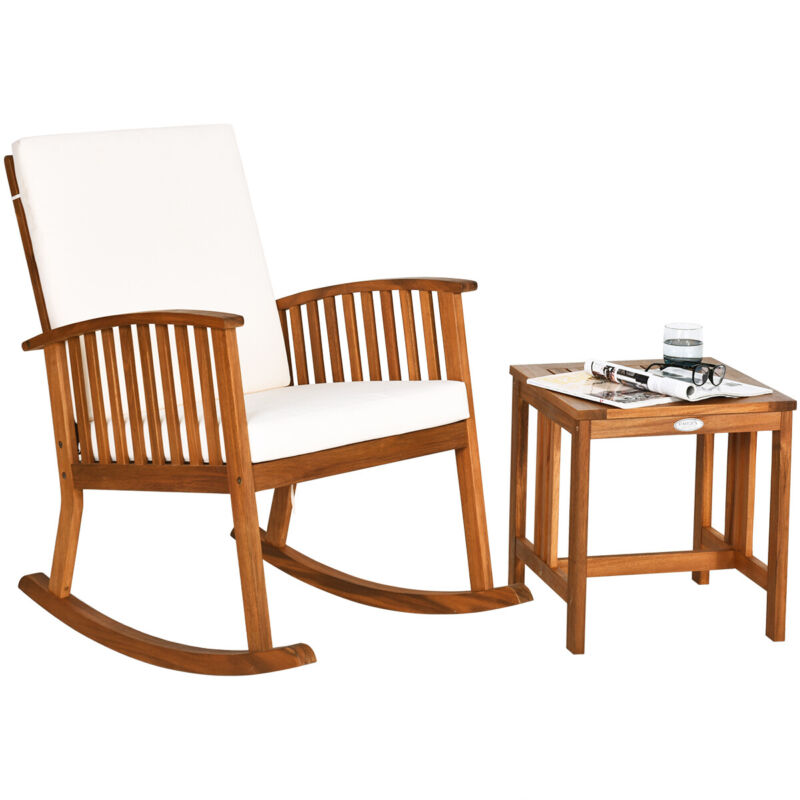 Patio Wooden Rocking Armchair Bistro Seat Home Garden Furniture Set w/ Table