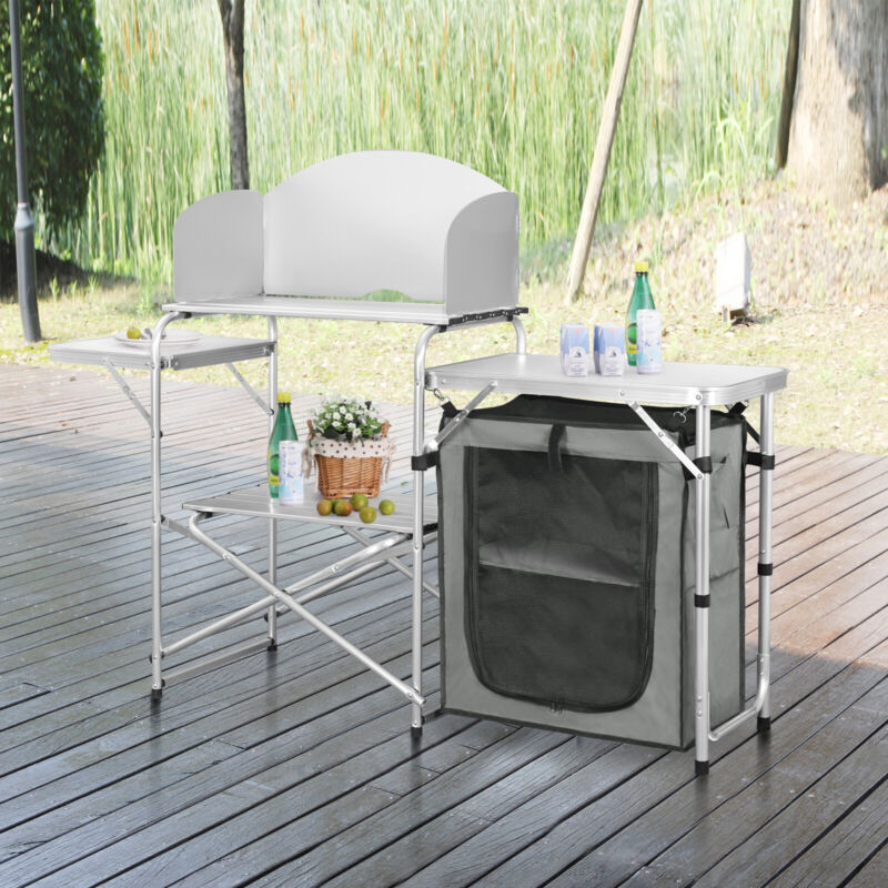 Portable Camping Kitchen Table Outdoor Folding Garden Picnic Desk w/ Storage Bag