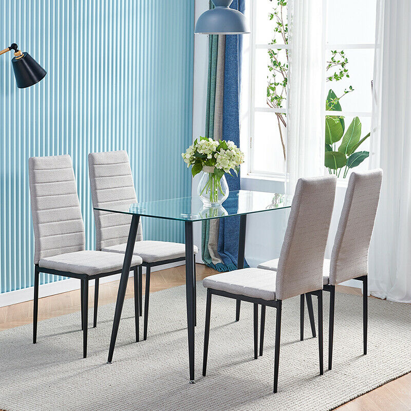 Set of 4 Grey Fabric Dining Chairs High Back Padded Seat Kitchen Dining Room BN