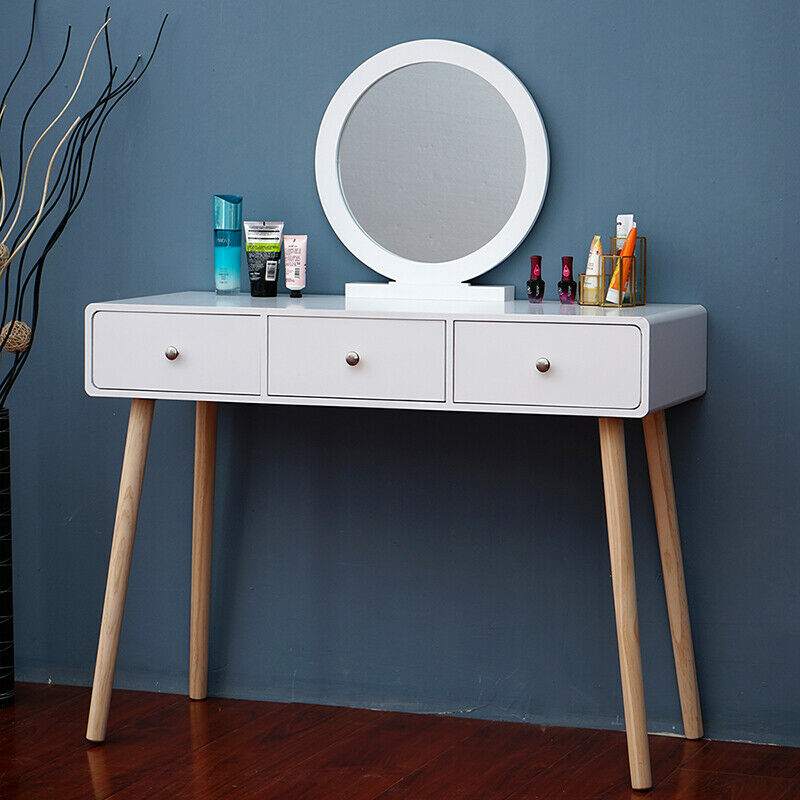 Modern Dressing Table Makeup Desk w/Drawer Round Mirror Stool White Bedroom BN