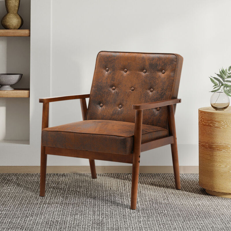 Distressed Tan Leather Armchair Wood Frame Single Sofa Padded Cuddle Chairs Home