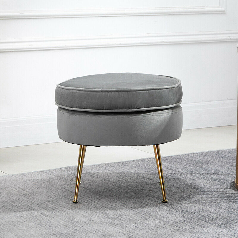Modern Grey Velvet Footstool Ottoman Stool Round Metal Legs Living Room Office
