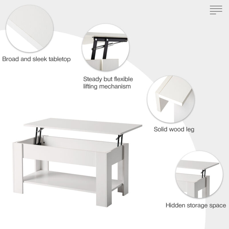 Wooden Coffee Table With Lift Up Top Storage Shelf Living Room Furniture White