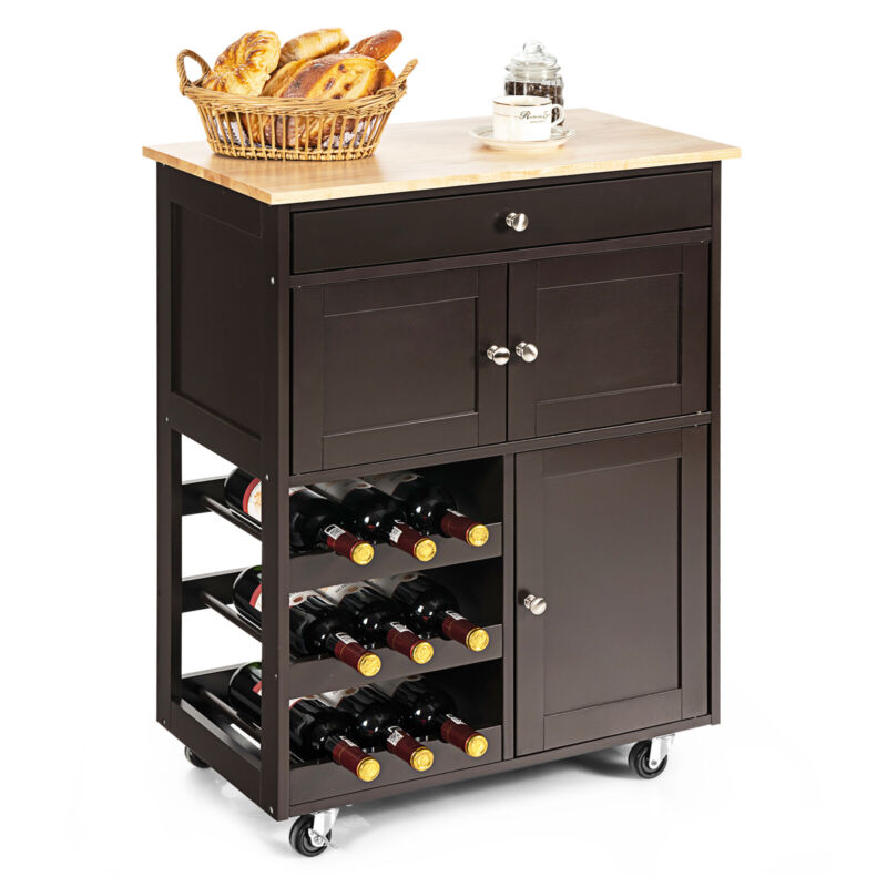 Rolling Kitchen Storage Trolley Cart Cupboard Island Cabinet 3 Tier Wine Rack