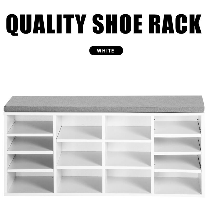 Multi-Storage Shoe Rack w/ 14 Compartments Cushion Moving Shelves for Home White