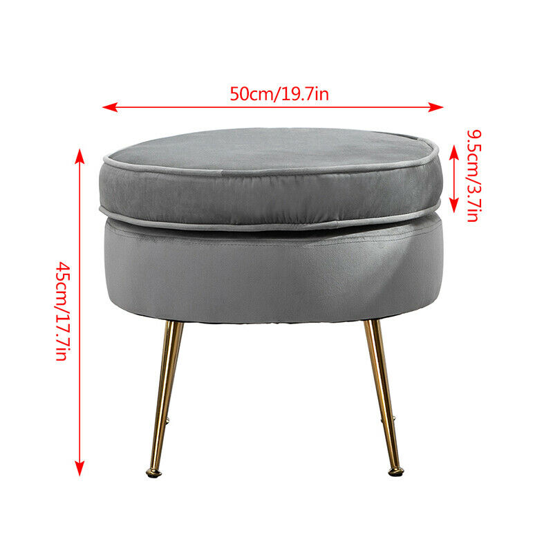 Modern Grey Velvet Footstool Ottoman Stool Round Metal Legs Living Room Office