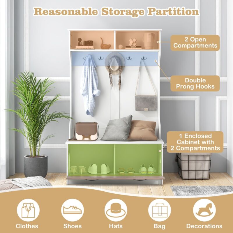 3 in 1 Coat Stand Shoe Bench Hall Tree Hallway Storage Bench Coat Rack w/5 Hooks