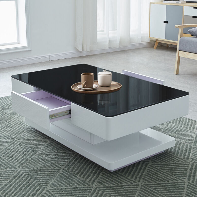 Black Glass Coffee Table White High Gloss Table with Storage Drawers Home Office