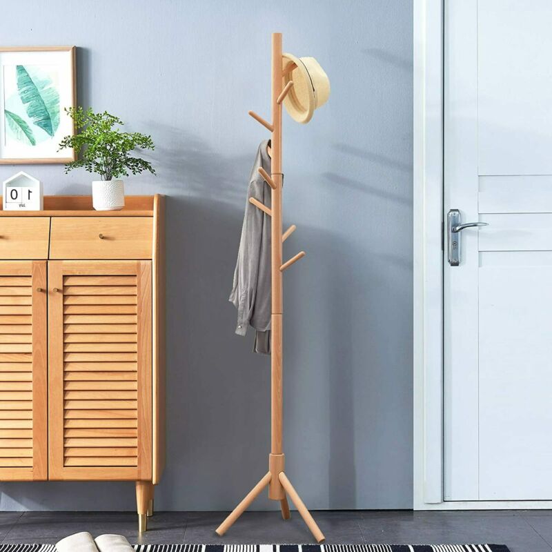 Beech Wooden Standing Coat Rack 8 Hooks Wood Tree Stand Coat Hat Handbag Rack