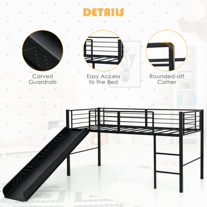 Sliding Loft Children Single Bed Mid Sleeper Steel Bed Frame W/Safety Guardrails