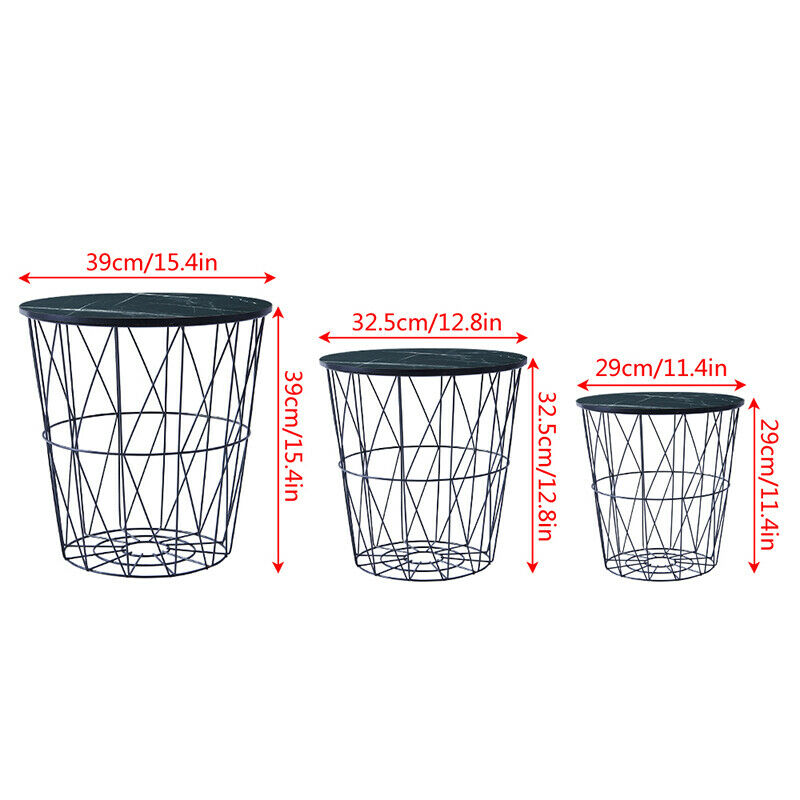 Set of 3 Nested Table Side Table Storage Basket Metal Wire Black Marble Effect