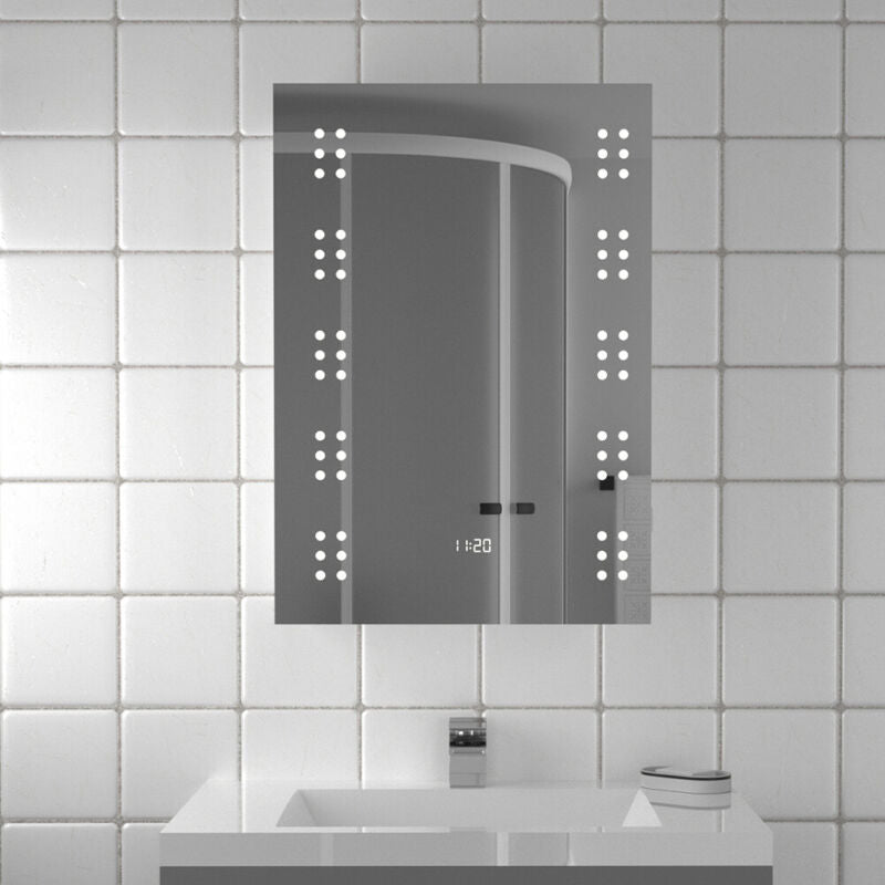 LED Backlight Bathroom Mirror Steam Free Demister& Shaver Socket Clock 500x700mm