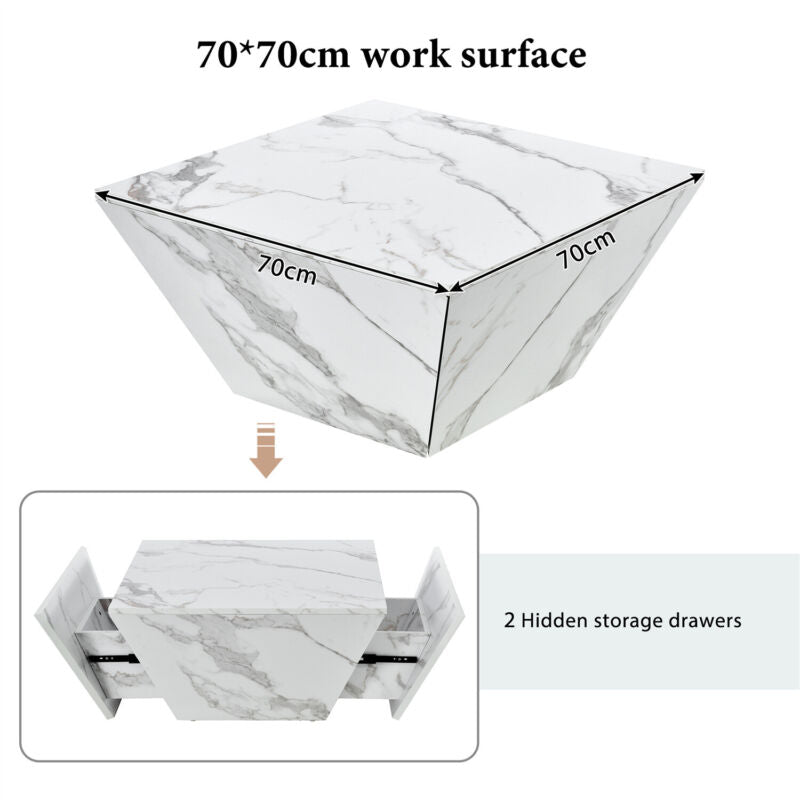 Wooden Coffee Table with Storage Drawer Marble-Look Modern Living Room Furniture