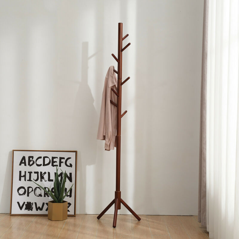 Beech Wooden Standing Coat Rack 8 Hooks Wood Tree Stand Coat Hat Handbag Rack