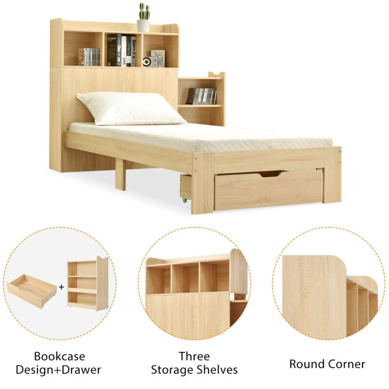 3ft Single Wooden Solid White Pine Kids Storage Bed Frame w/ Drawer and Shelves