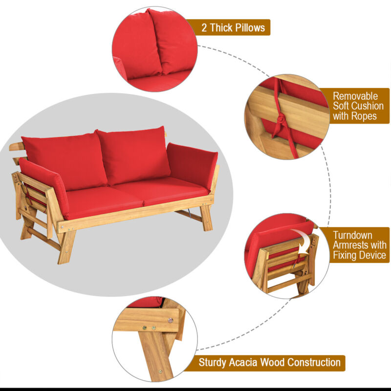 Outdoor Daybed Patio Convertible Couch Sofa Bed Wood Folding Chaise Lounge Bench