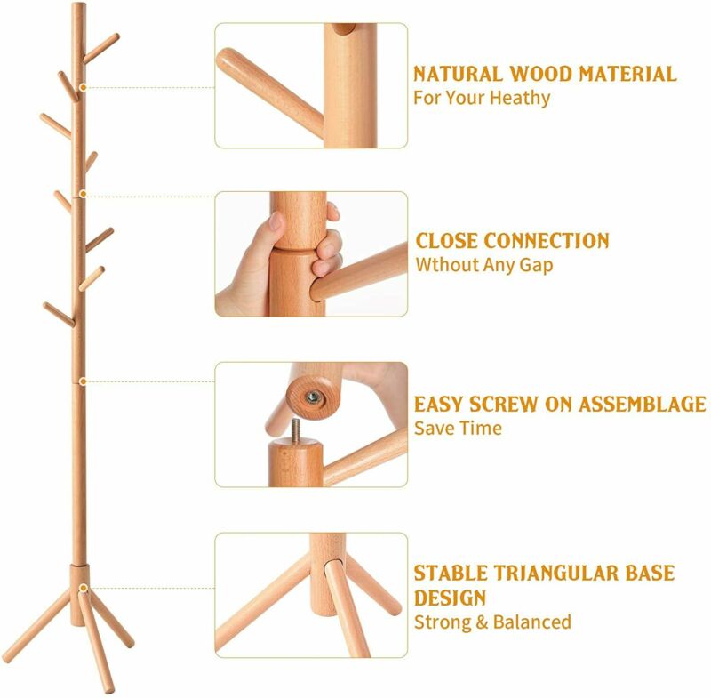 Beech Wooden Standing Coat Rack 8 Hooks Wood Tree Stand Coat Hat Handbag Rack