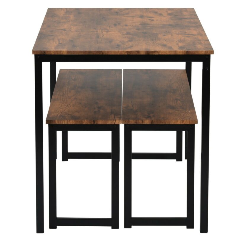 Dining Table 2 Bench Set Dinner Set Kitchen Dining Room Restaurant Rustic Brown