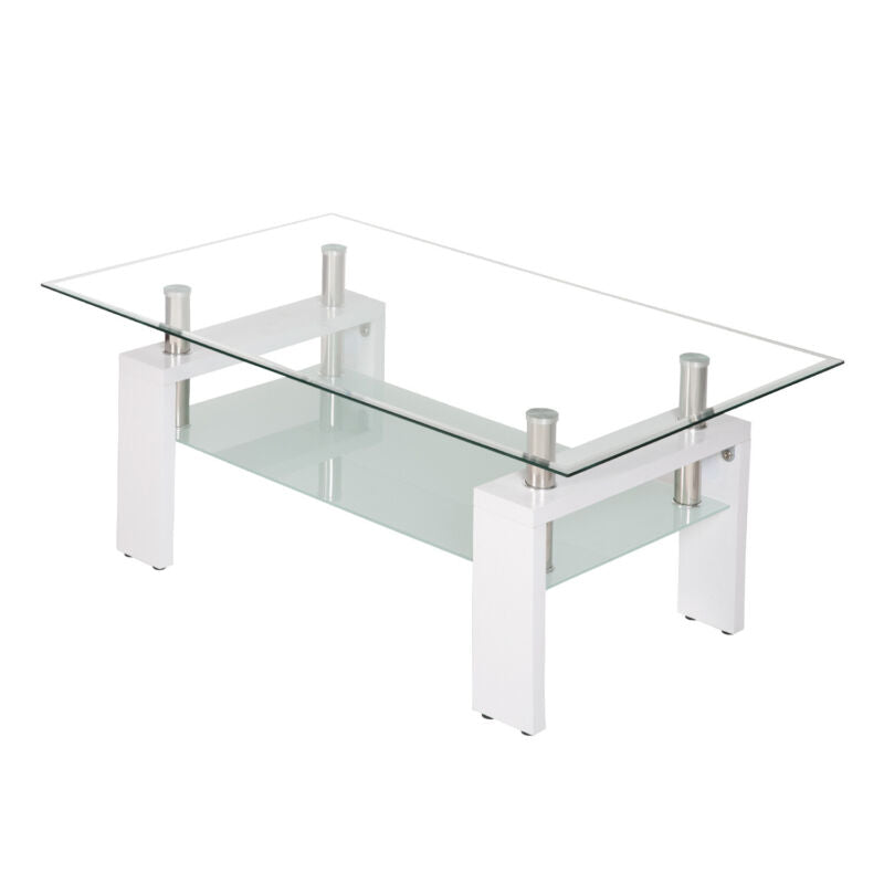 Rectangle Glass Coffee Table With Storage Modern Living Room Furniture White