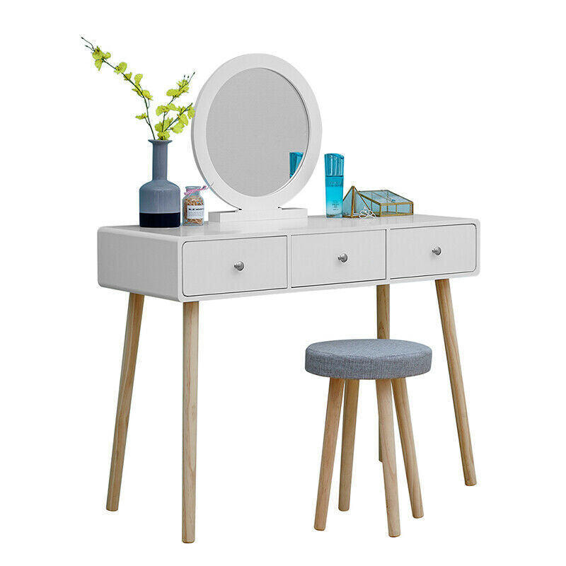 Modern Dressing Table Makeup Desk w/Drawer Round Mirror Stool White Bedroom BN