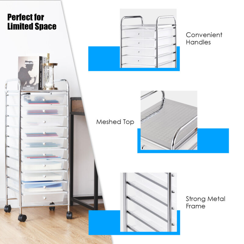 10 Drawers Storage Rolling Cart Home Office Mobile Utility Trolley Organizer