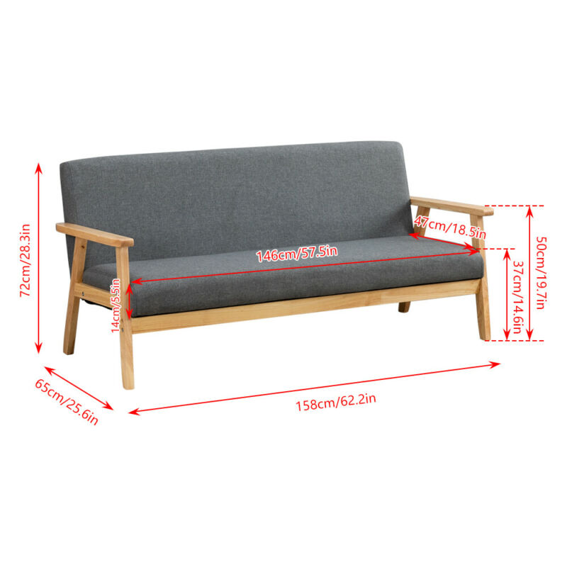 Modern 3 Seaters Sofa Armchair Wood Frame Padded Seat Linen Fabric Grey Home BN