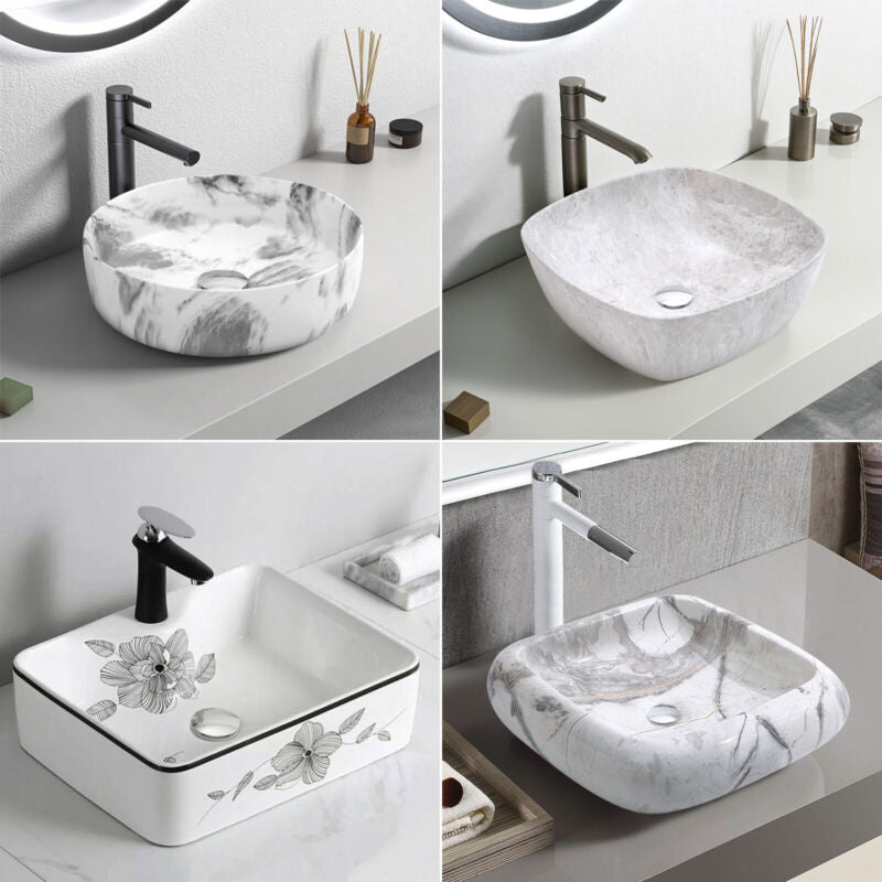 MULTI SHAPE BATHROOM CLOAKROOM COUNTERTOP CERAMIC BASIN SINK & POP UP WASTE SETS