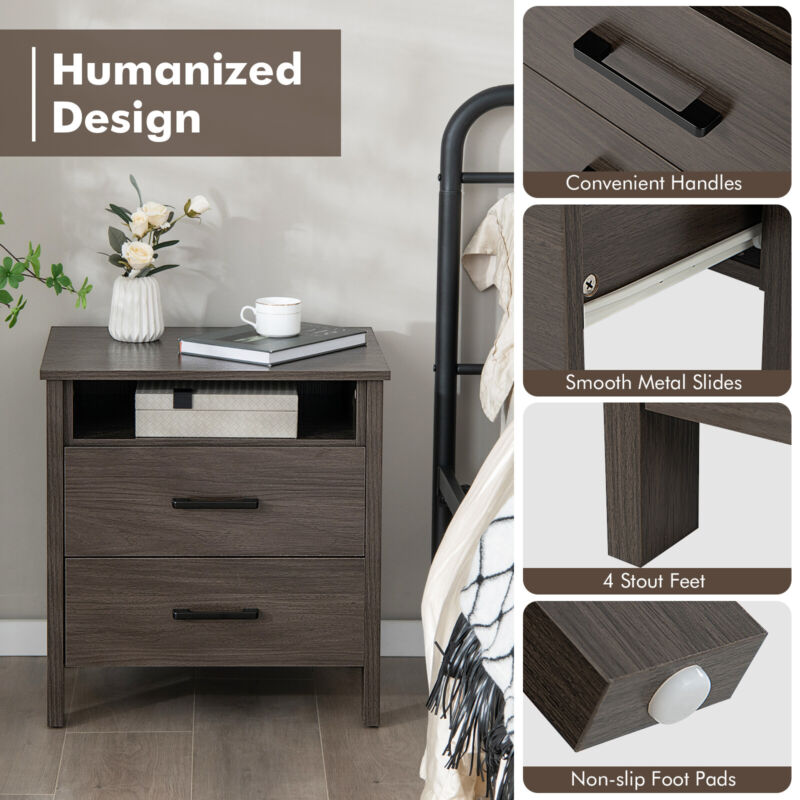 Modern Wooden Nightstand 2 Drawers Bed Sofa Side Table End Table W/ Cable Hole