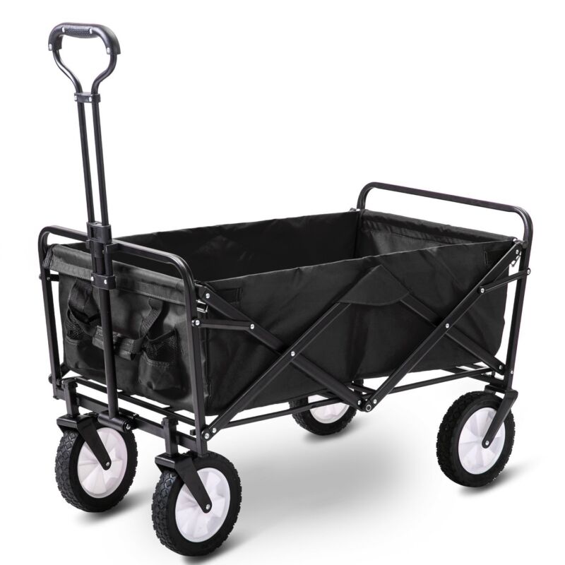 Heavy Duty Foldable Folding Garden Trolley Cart Wagon Truck 4 Wheels 150KG Black
