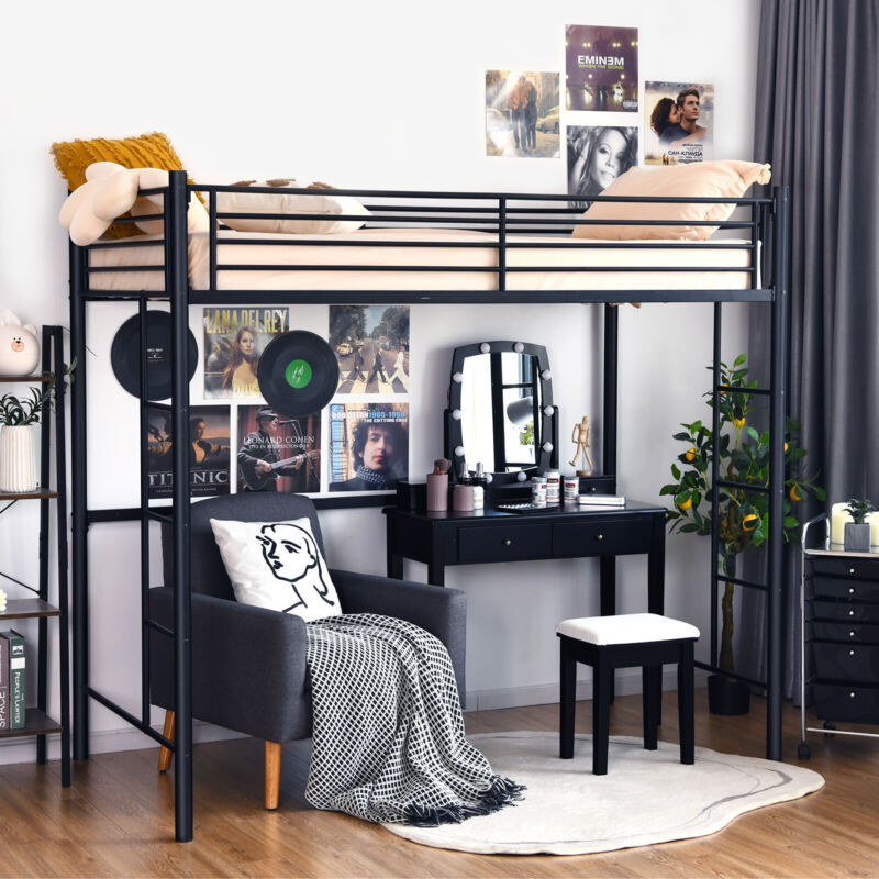 3.5FT Twin Metal Loft Bed Frame High Sleeper Bunk Bed Study Desk Cabin Bed Solid