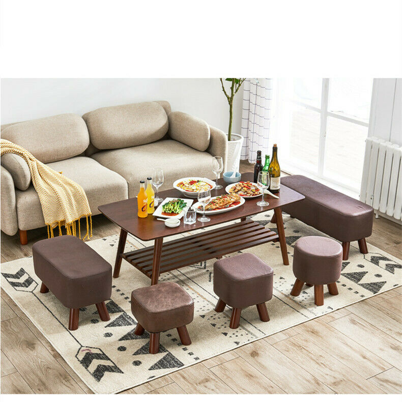 Wooden Footstools Ottoman Leather Foot Stool Rectangle Footrest Padded