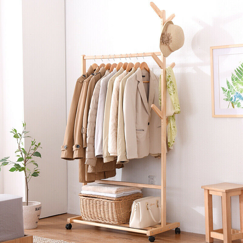 Wooden Clothes Rail Rack Garment Hanging Display Coat Storage Shelf Stand Wheels