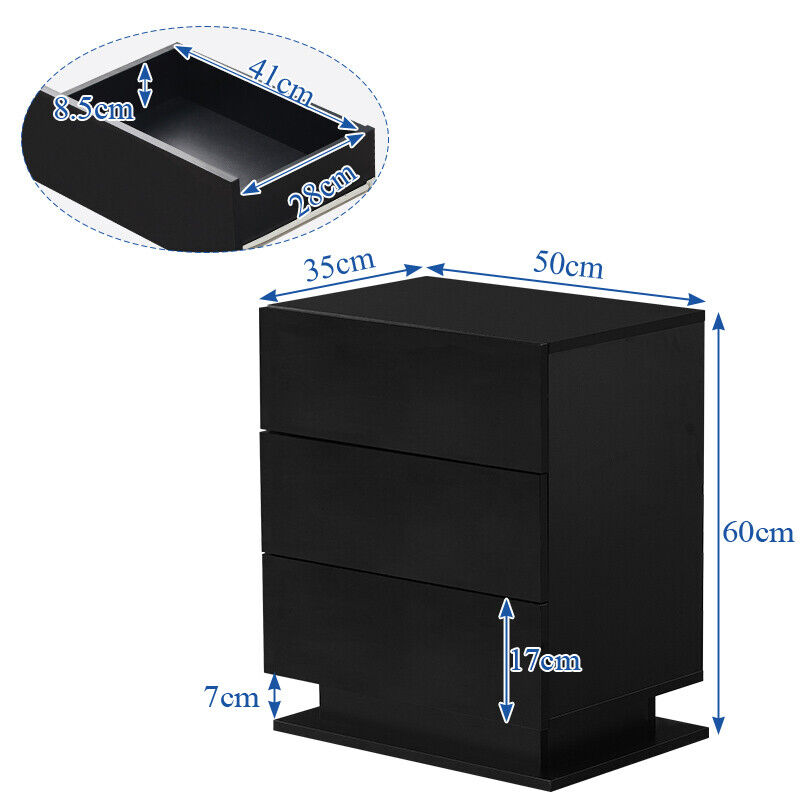 2/3 Drawers High Gloss Front Bedside Table Cabinet LED Nightstand Black/White