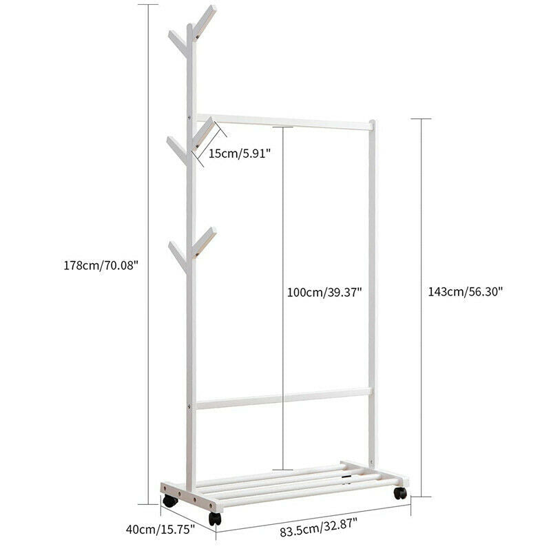 Wooden Clothes Rail Rack Garment Hanging Display Coat Storage Shelf Stand Wheels