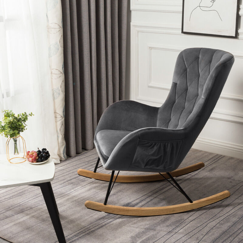 Wooden Upholstered Rocking Armchair Button Lounge Wing Back Chair Sofa Fireside