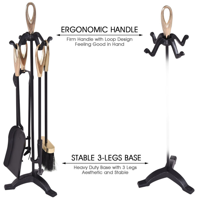 5PCS Fireplace Tools Set Cast Iron Fireside Companion Brush Shovel Poker Tong