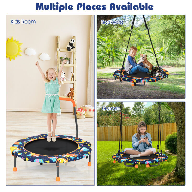 2-in-1 Foldable Kids Fitness Trampoline Height Adjustable Children Tree Swing