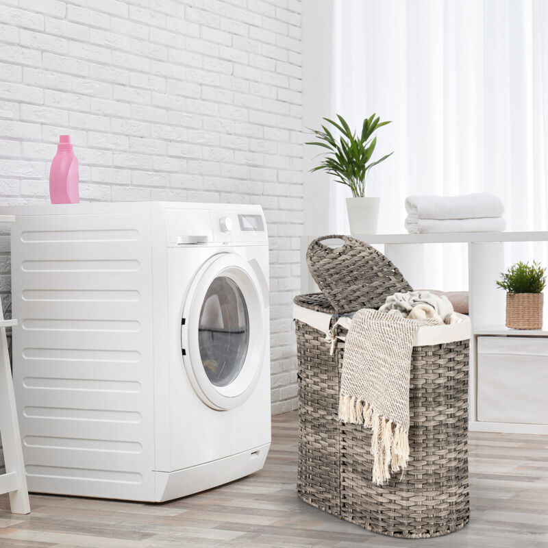 102L Handwoven Laundry Basket Divided Washing Clothes Hamper W/ Removable Liner