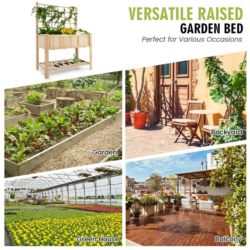 Wooden Raised Garden Bed w/ Trellis Outdoor Elevated Planter Box w/Storage Shelf