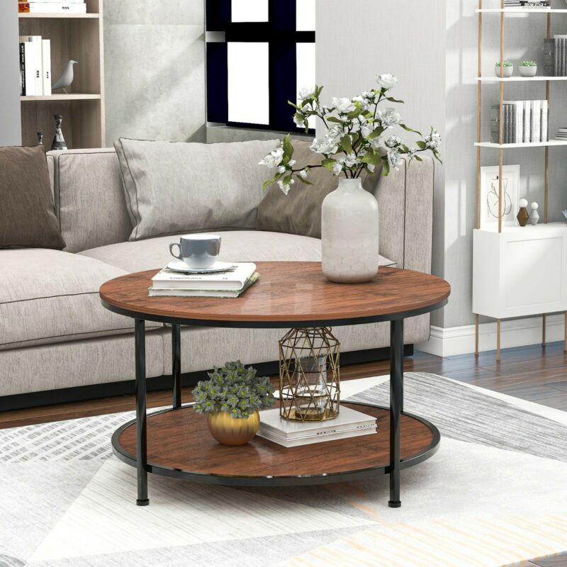 Round Coffee Table Sofa Table Cocktail Table with Storage Shelf for Living Room