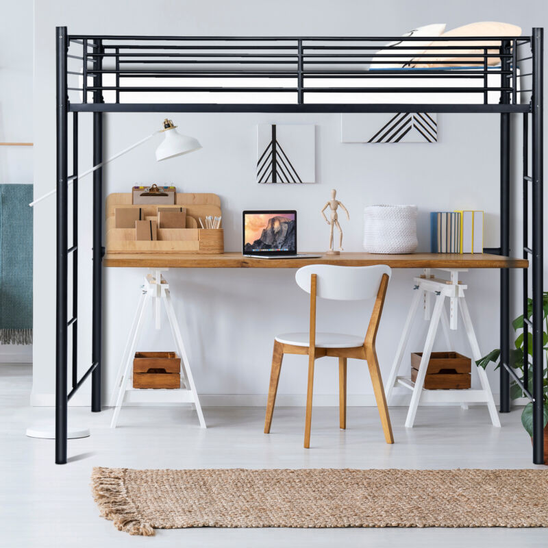 3.5FT Twin Metal Loft Bed Frame High Sleeper Bunk Bed Study Desk Cabin Bed Solid