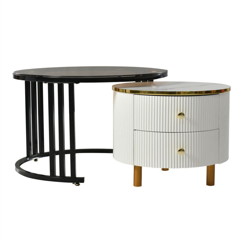Nesting Coffee Tables Set of 2 Round Stacking Side Tables w/ Storage Drawers