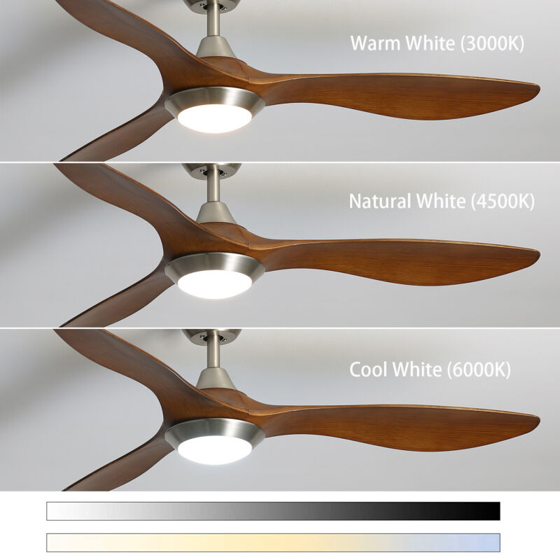52" Oak Wood Effect Ceiling Fan With 3 Colors Light 6 Fan Speeds Timer w/Remote