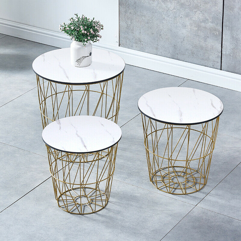 Set of 3 Storage Basket Nested Tables Side Table Metal Wire White Marble Effect