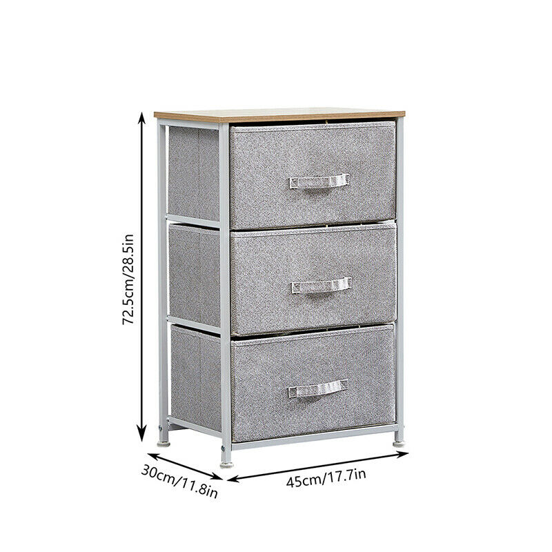Fabric 3 Chest Of Drawer Grey Side Table Storage Cabinet Unit Organiser Bedroom