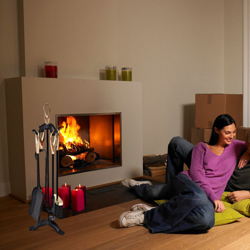 5PCS Fireplace Tools Set Cast Iron Fireside Companion Brush Shovel Poker Tong