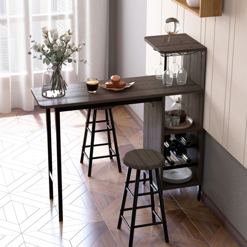 3 PCS Kitchen Dining Table Set Industrial Pub Table & Stools w/ Storage Shelves